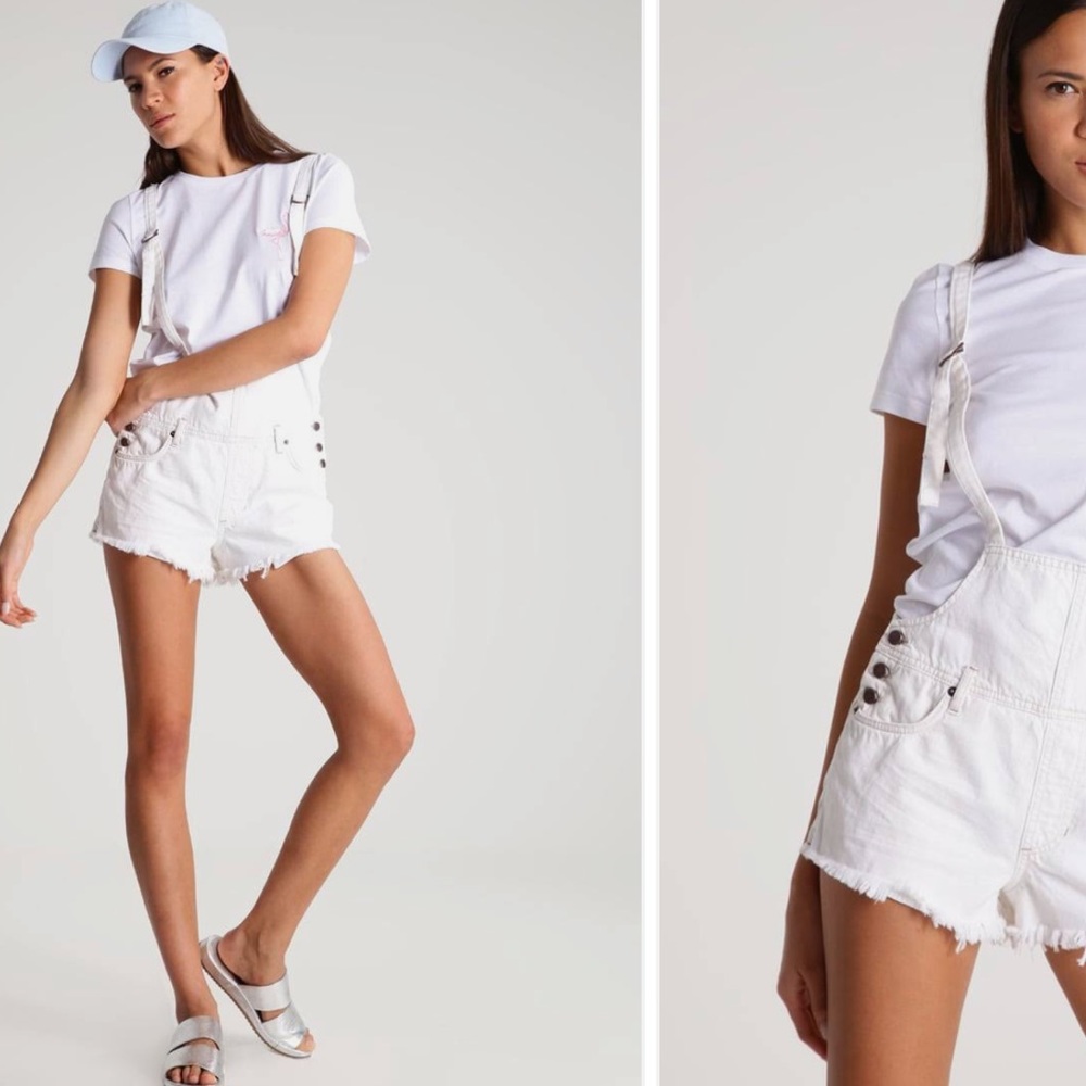 Free Peope white denim short overalls